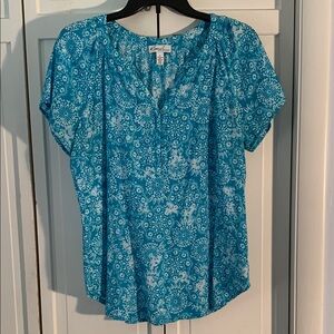 Kim Rogers Aqua Blue & White Blouse Relaxed Fit EUC